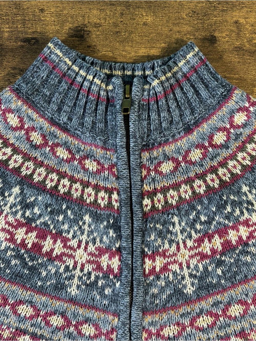 Tiara International Blue Fair Isle Zip Cardigan VTG L Cabincore Y2K Grandpa Ski